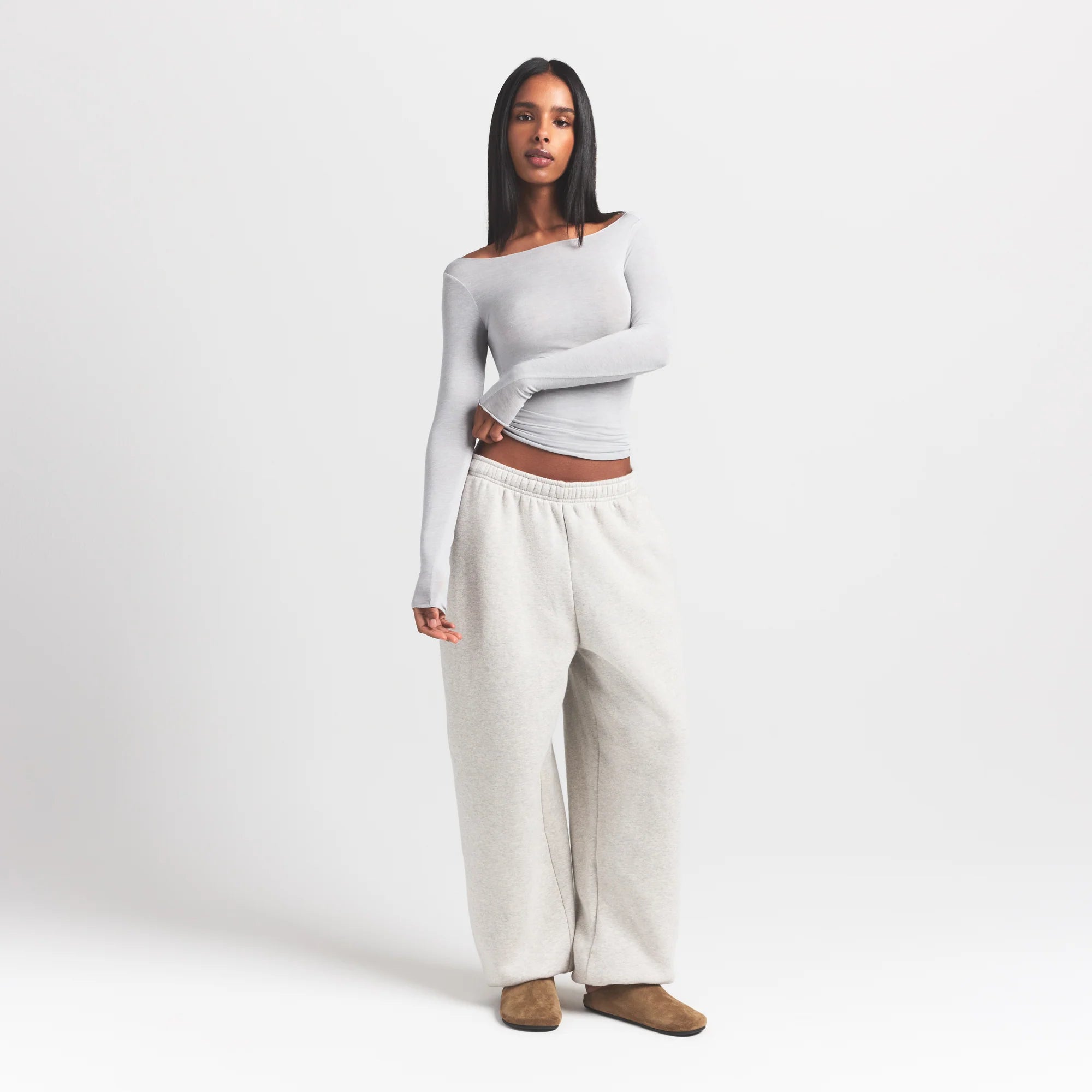 SHEER MODAL LONG SLEEVE BOATNECK TOP | HEATHER GREY